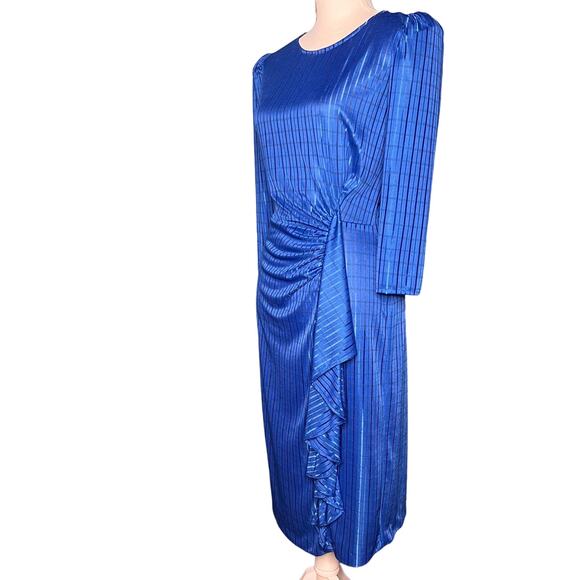 Vintage 80s Kings Row Blue Shirred Satin Stripe Dress Back Zip Shoulder Pads - Picture 3 of 10